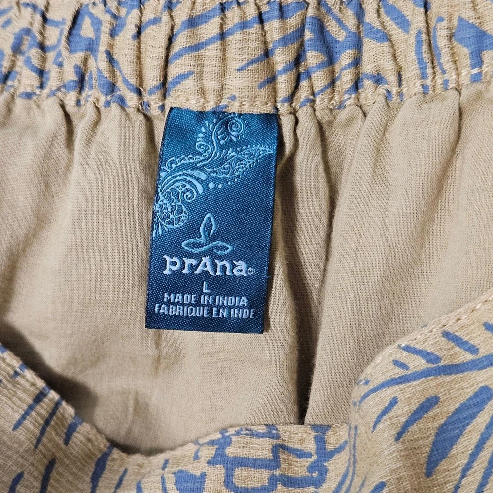 PrAna Organic Cotton Wrap Tulip Skirt Blue Tropical Leaf Mustard Boho Summer L - Picture 7 of 9
